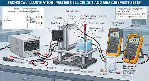 Technical illustration of a Peltier cell circuit with measurement tools